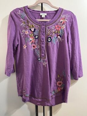 Sundance Lavender Floral Embroidered Henley Tunic Medium